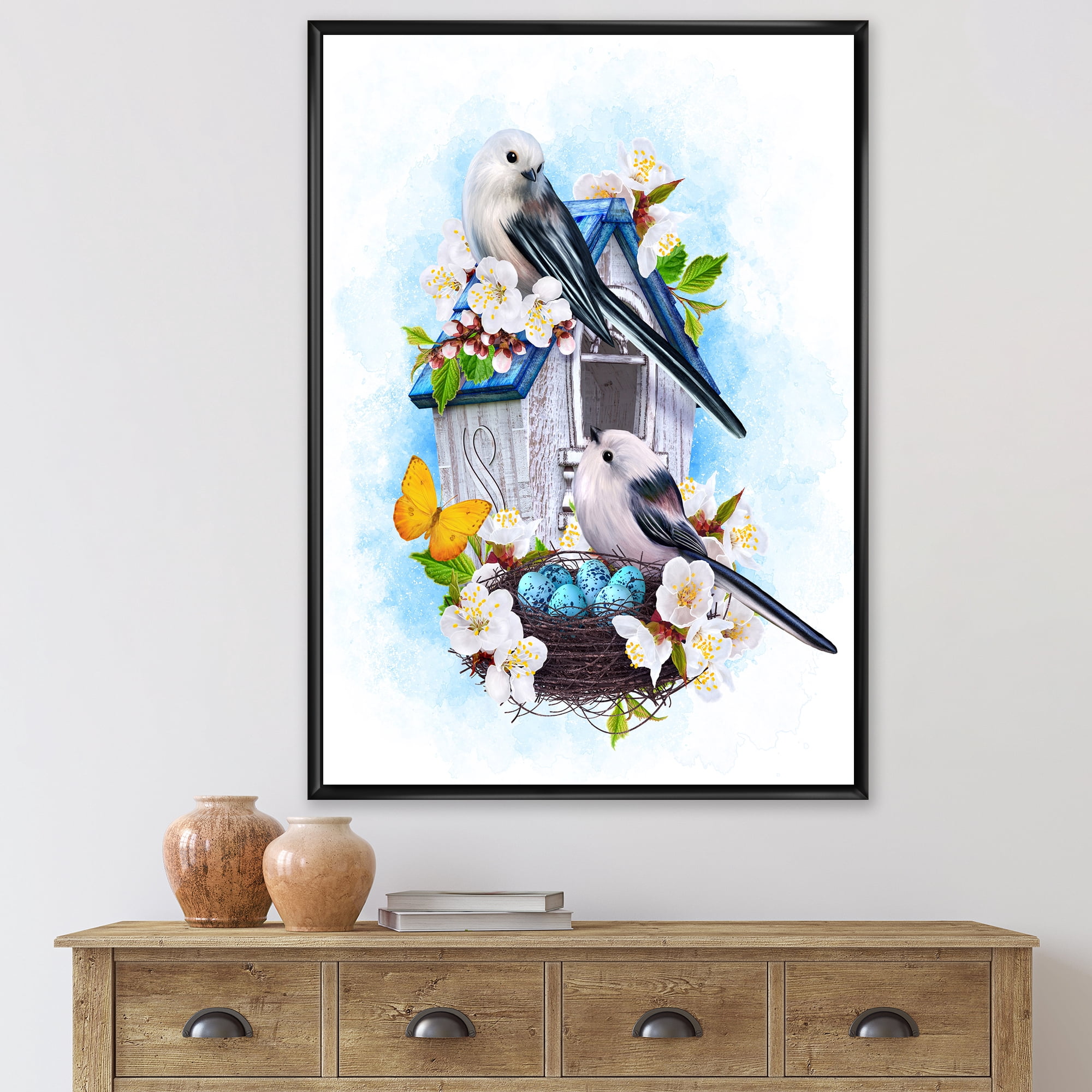 Designart 'Two Tit Birds Sitting Near The Nest With Eggs and White Flowers II' Traditional Framed Canvas Wall Art Print