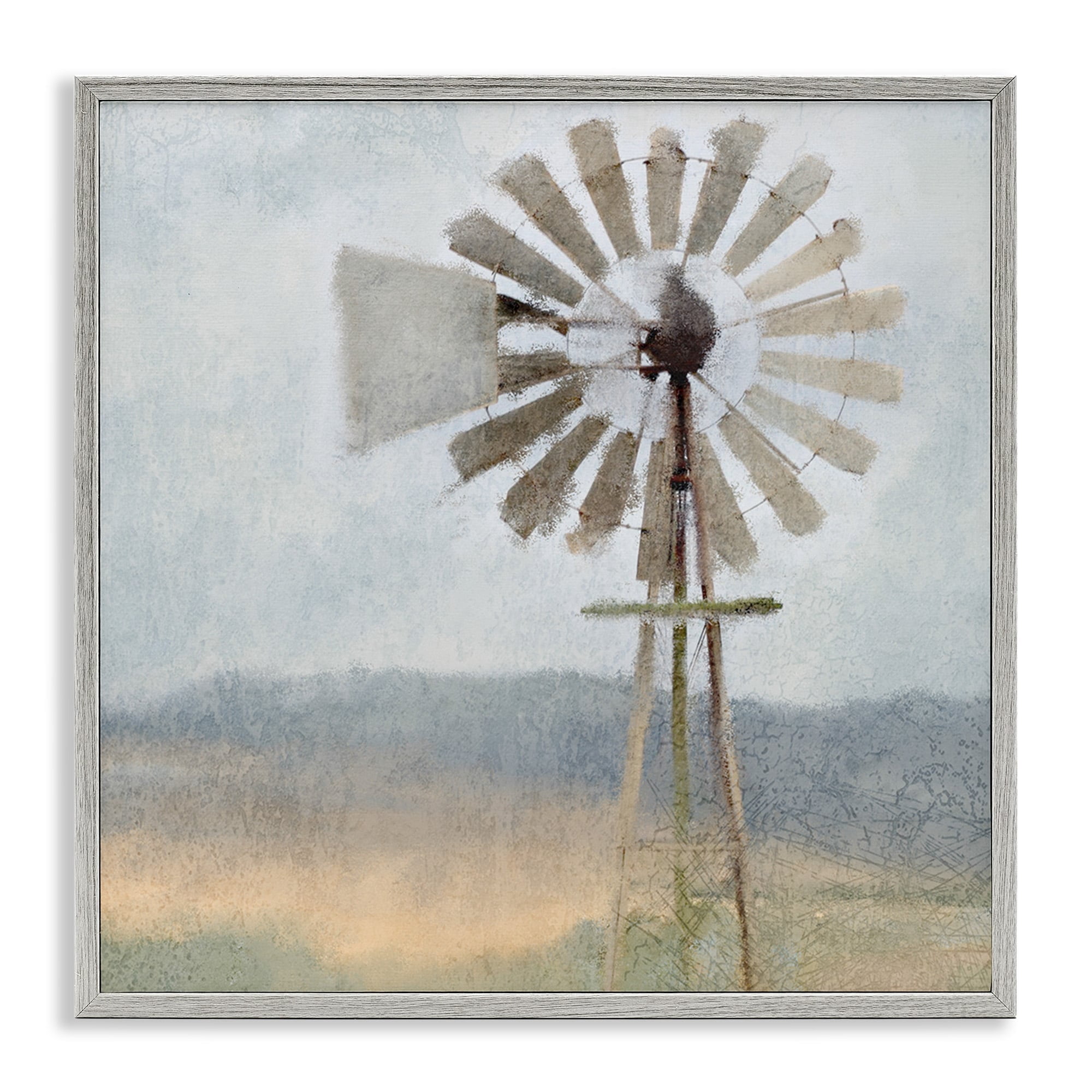 Stupell Industries Neutral Blue Windmill Breeze Farmyard Painting Landscape Painting Gray Framed Art Print Wall Art, 12 x 12