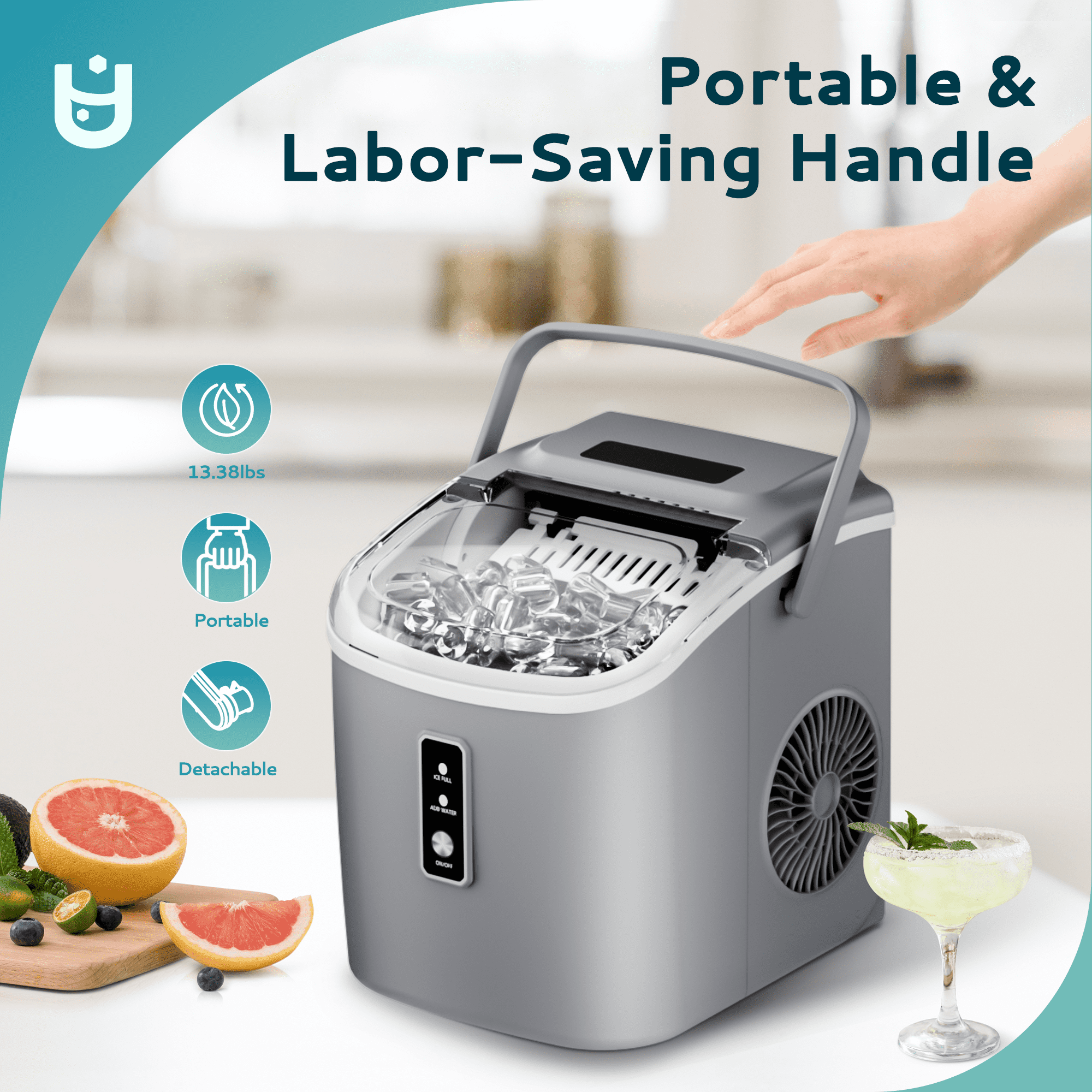 EUHOMY Countertop Ice Maker 26 lbs/Day Portable Self-Cleaning, 9 Bullet Ice in 6 Min, Gray