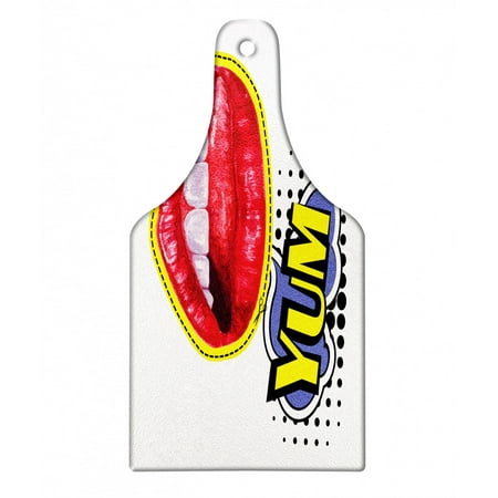 Yum Cutting Board, Hand Drawn Woman Lips and Tongue Pop Art Design in Comic Style Talking Balloon, Decorative Tempered Glass Cutting and Serving Board, in 3 Sizes, by