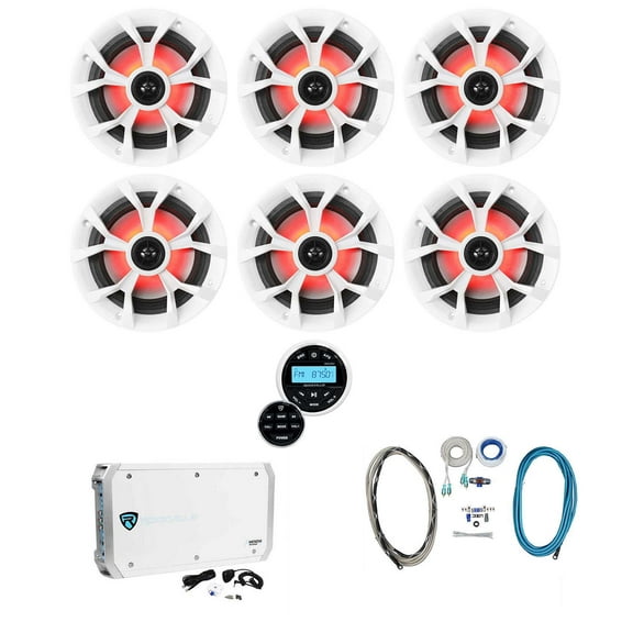 (6) Rockville RKL65MBW 6.5" 700w Marine LED Speakers Receiver Amplifier Amp Kit