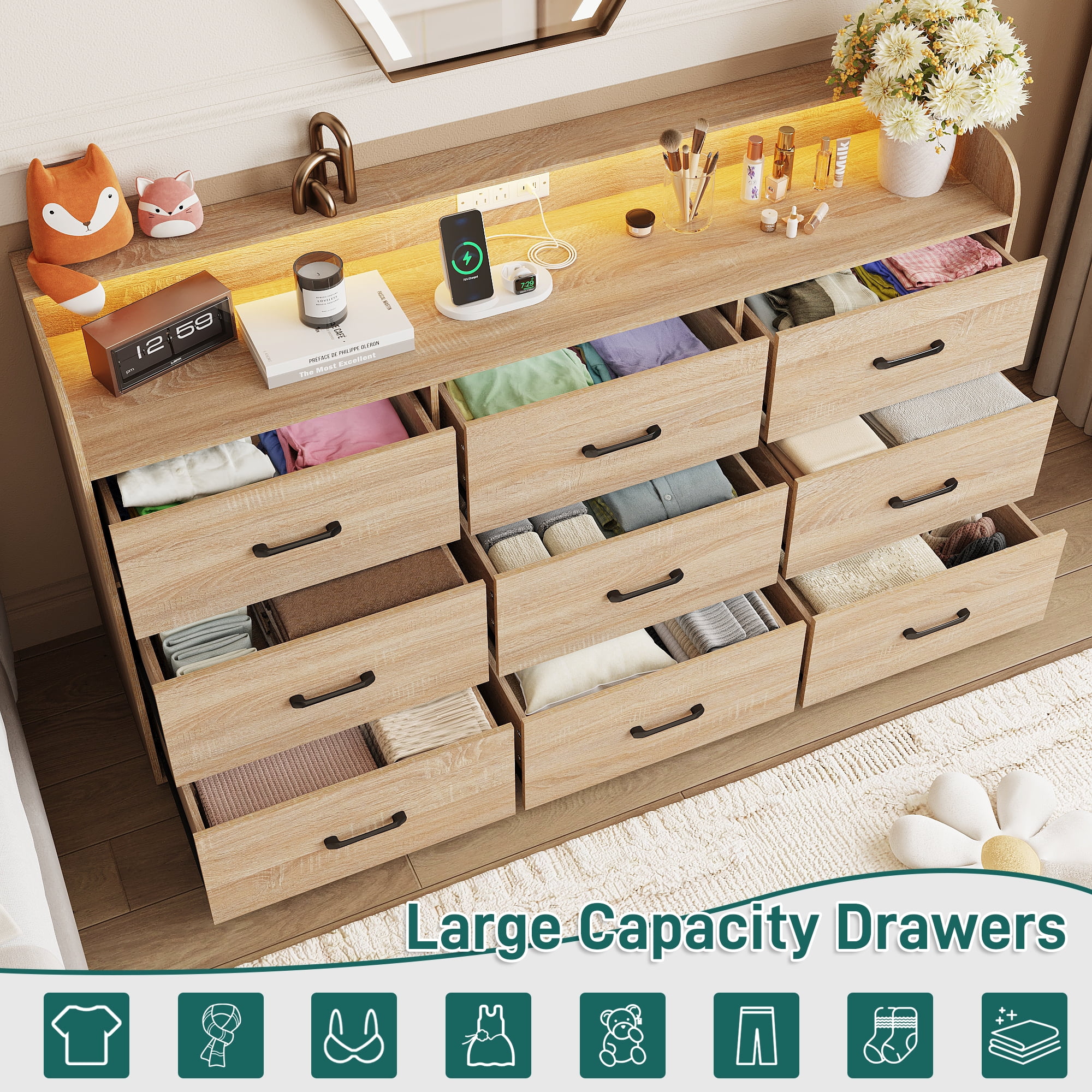 9 Drawer Dresser for Bedroom, 63" Large Long Wood dresser with Power Outlet, LED Light and Deep Big Drawers, Modern Minimalist Oak Dresser Wide Chest of Drawers for Bedroom, Living Room