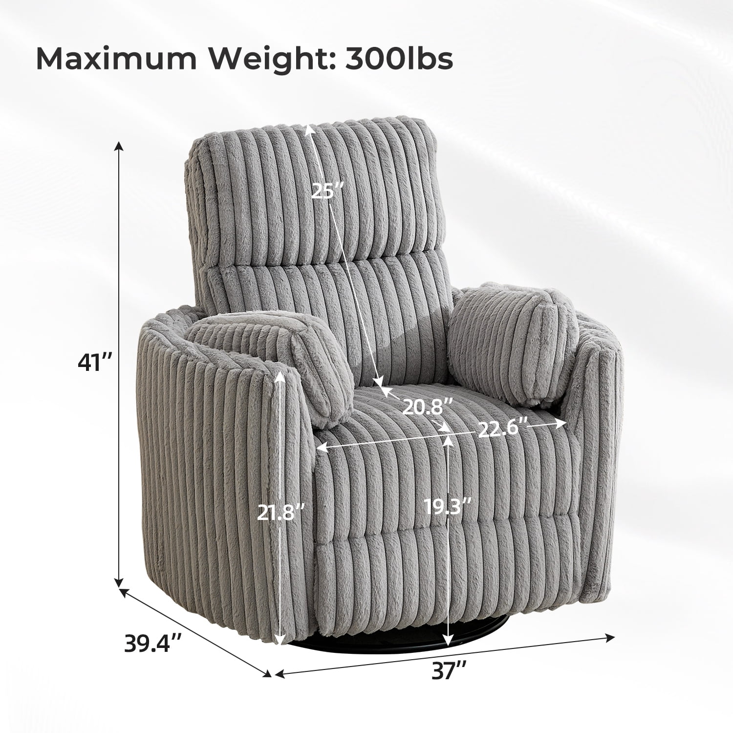 Adult Faux Fur Nursery Power Swivel Glider and USB Recliners with 2 Removable Pillows, Gray