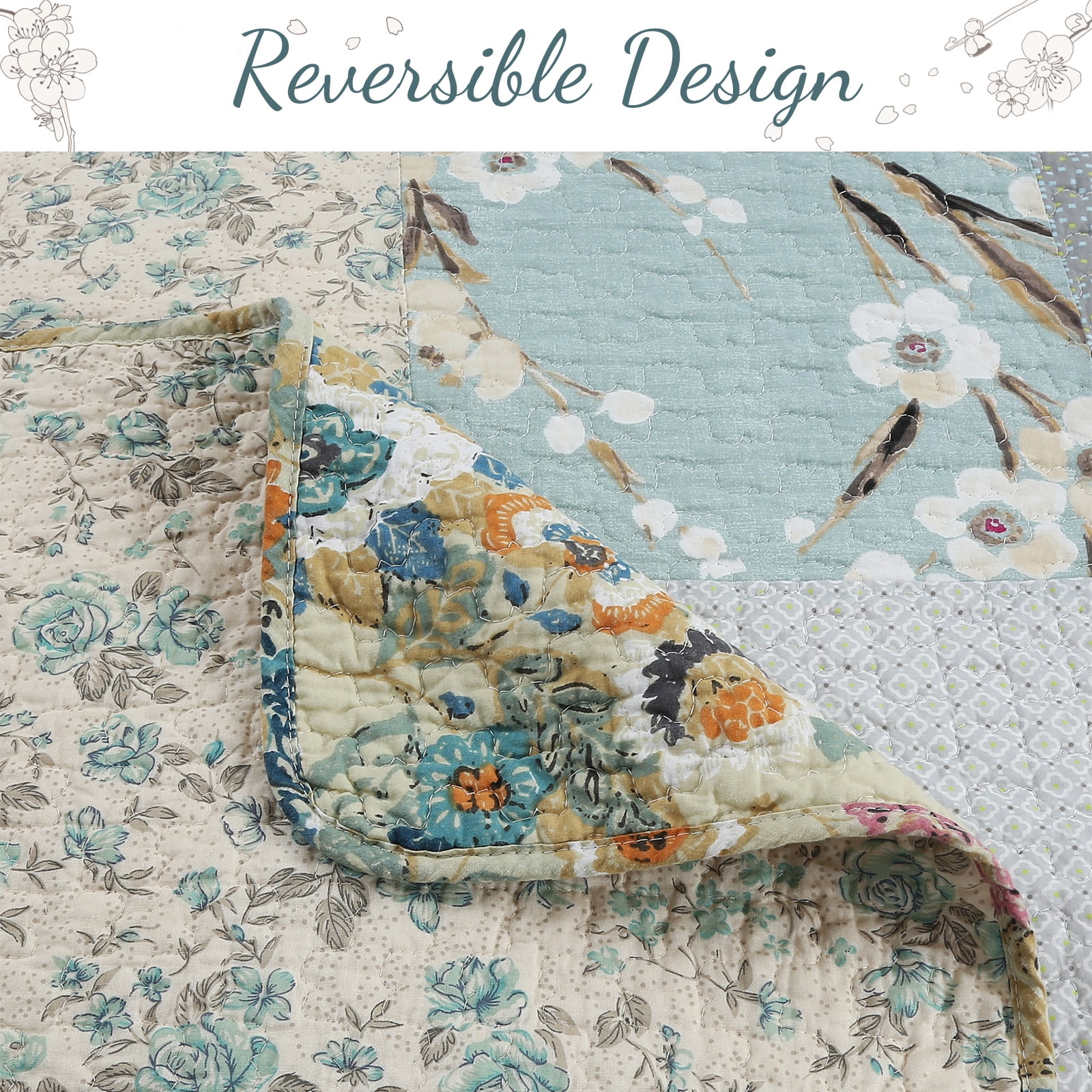 Sky Blue Floral Patens Ogee Patchwork Cotton King 3 Piece Quilt Bedding Set