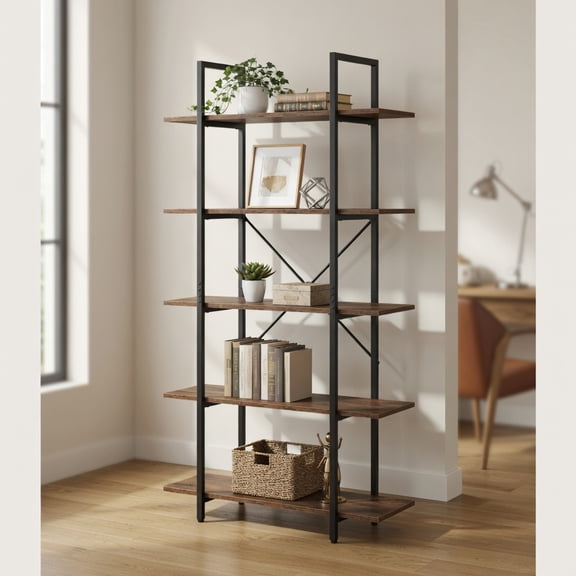 Spaco 5-Tier Vintage Industrial Bookcase - 62-Inch Heavy-Duty, Open Shelving, Rustic Brown