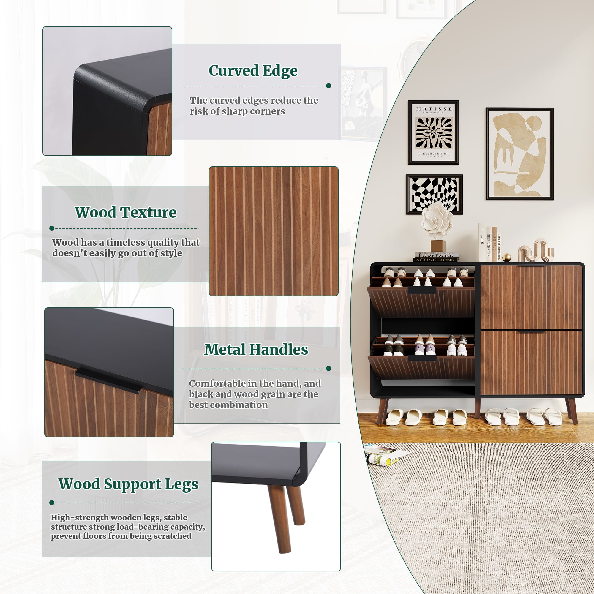 LEFHDA 47" Wide Fluted Large Shoe Cabinet with 4 Flip Drawers, 28 Pairs Slim Freestanding Shoe Cabinet Organizer, Narrow Shoes Storage Rack for Entryway, 5 Sturdy Legs (Walnut)