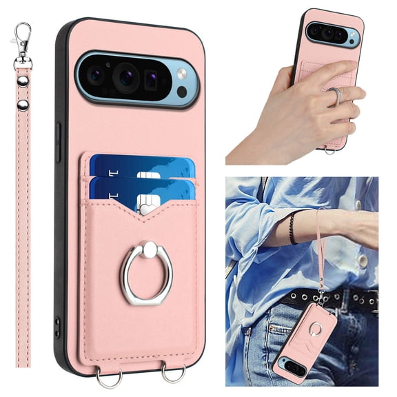 Allytechgroup Google Pixel 9 Pro XL Wallet Case for Women Men, Premium PU Leather Shockproof Hand Wrist Slim Fit Back Cover Phone Case for Google Pixel 9 Pro XL, Rosegold
