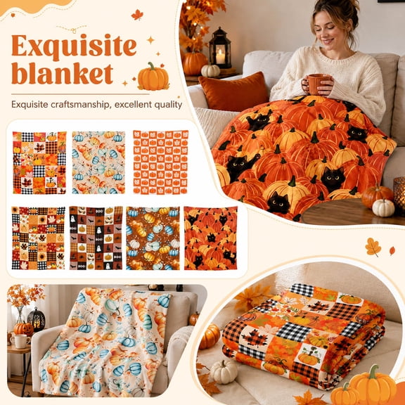 Halloween Throw Blanket with Pumpkin and Black Cat Pattern, Cozy Soft Fleece Fall Decor for Couch, Farmhouse Autumn Decorations, 1 Pack