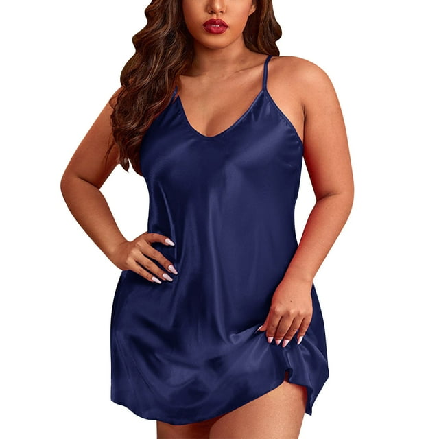 Gibobby Falda de Tiras con Cuello Colgante Día de San Valentín Conjuntos camisón encaje para mujer, lencería satén, camisón Sexy, conjuntos dormir, conjuntos pijam(Azul,XL)