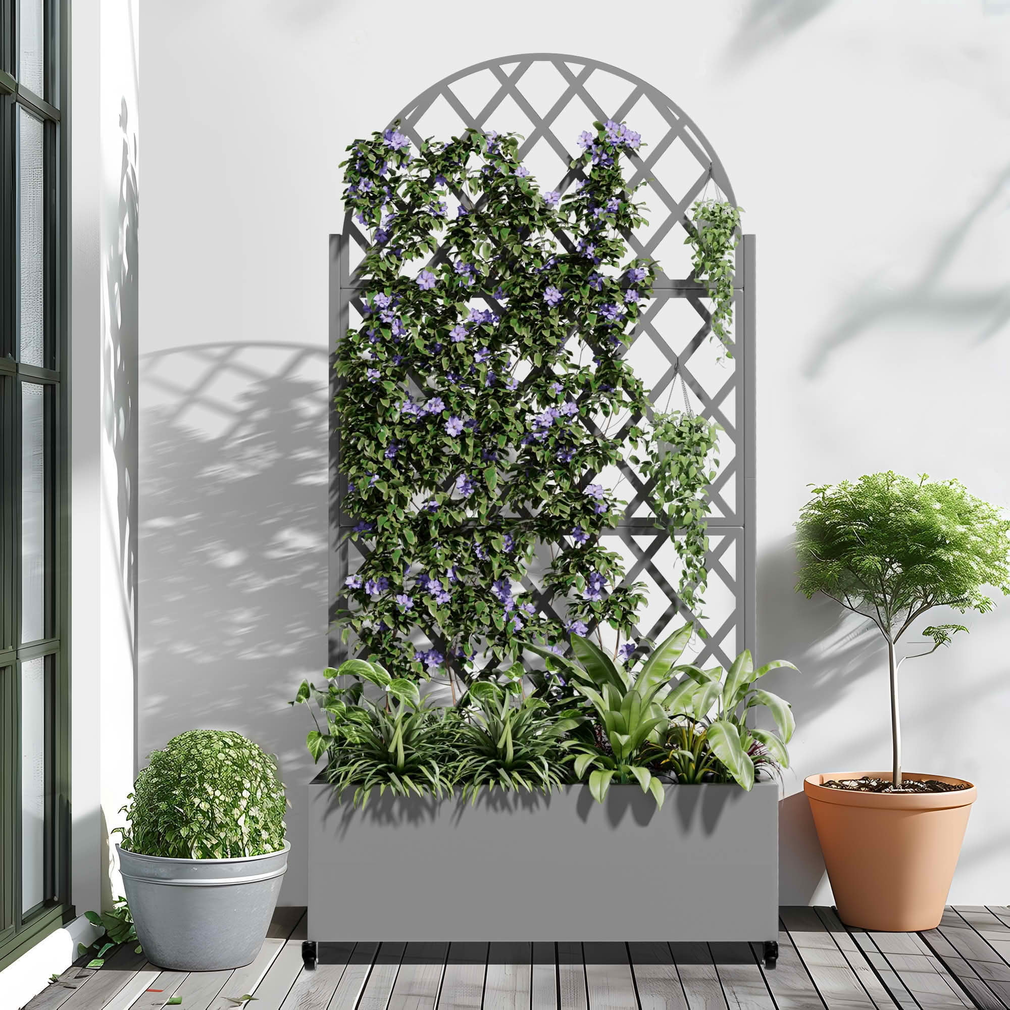 MAYEERTY 72x35x16 Inch Gray Metal Arched Planter Box with Trellis, 3 Piece Set for Outdoor Garden & Patio