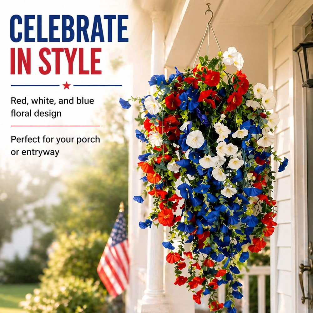Red White and Blue Artificial Flowers for Outdoors, Patriotic Faux Floral Hanging Basket Decor for Veterans Day Housewarming Gift