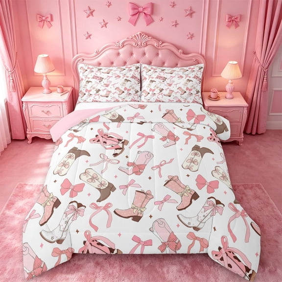 meiyoeat Pink Ribbon Bows Full Size Comforter Sets For Girls,Fashion Western Cowgirl Boots Bedding Comforter Set For Kids,Pink Reversible,3-Piece