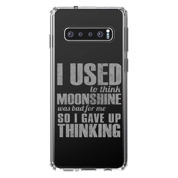 DistinctInk Clear Shockproof Hybrid Case for Samsung Galaxy S10  PLUS (6.4" Screen) - TPU Bumper Acrylic Back Tempered Glass Screen Protector - I Used to Think Moonshine Was Bad For Me