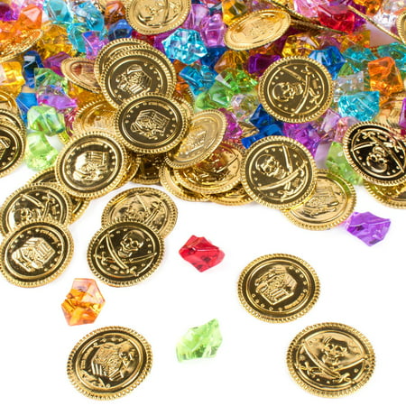 Pirate Gold Coins Buried Treasure and Pirate Gems Jewelry Playset Activity Game Piece Pack Party Favor Decorations (120 Coins + 120 Gems) by Super Z Outlet