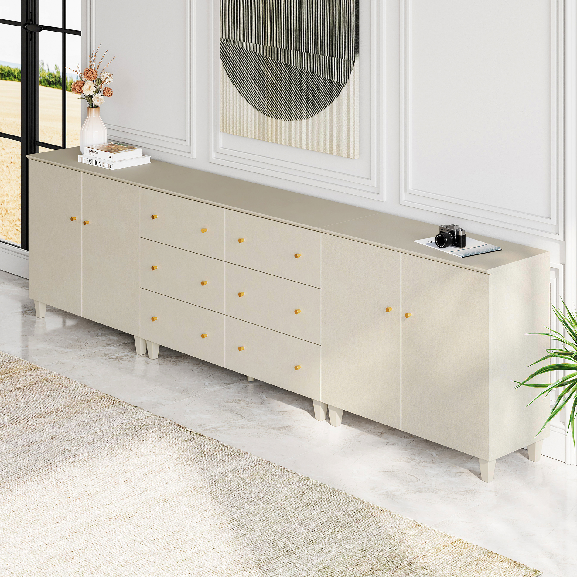 WAMPAT 3-In-1 Beige Wood Storage Cabinets with 6 Drawers and 4 Doors for Bedroom Living Room, 2 Pack