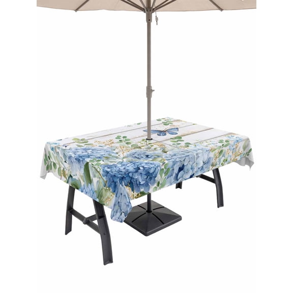Outdoor Tablecloth with Umbrella Hole for Patio/Picnic/Party/Camping, Spring Floral Waterproof Table Cloth Rectangle Table Cover Washable, Watercolor Flowers Eucalyptus Leaves Wooden Gray (60"x 102")