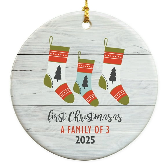 First Christmas As Family Of 3 Christmas Round Disc Ornament