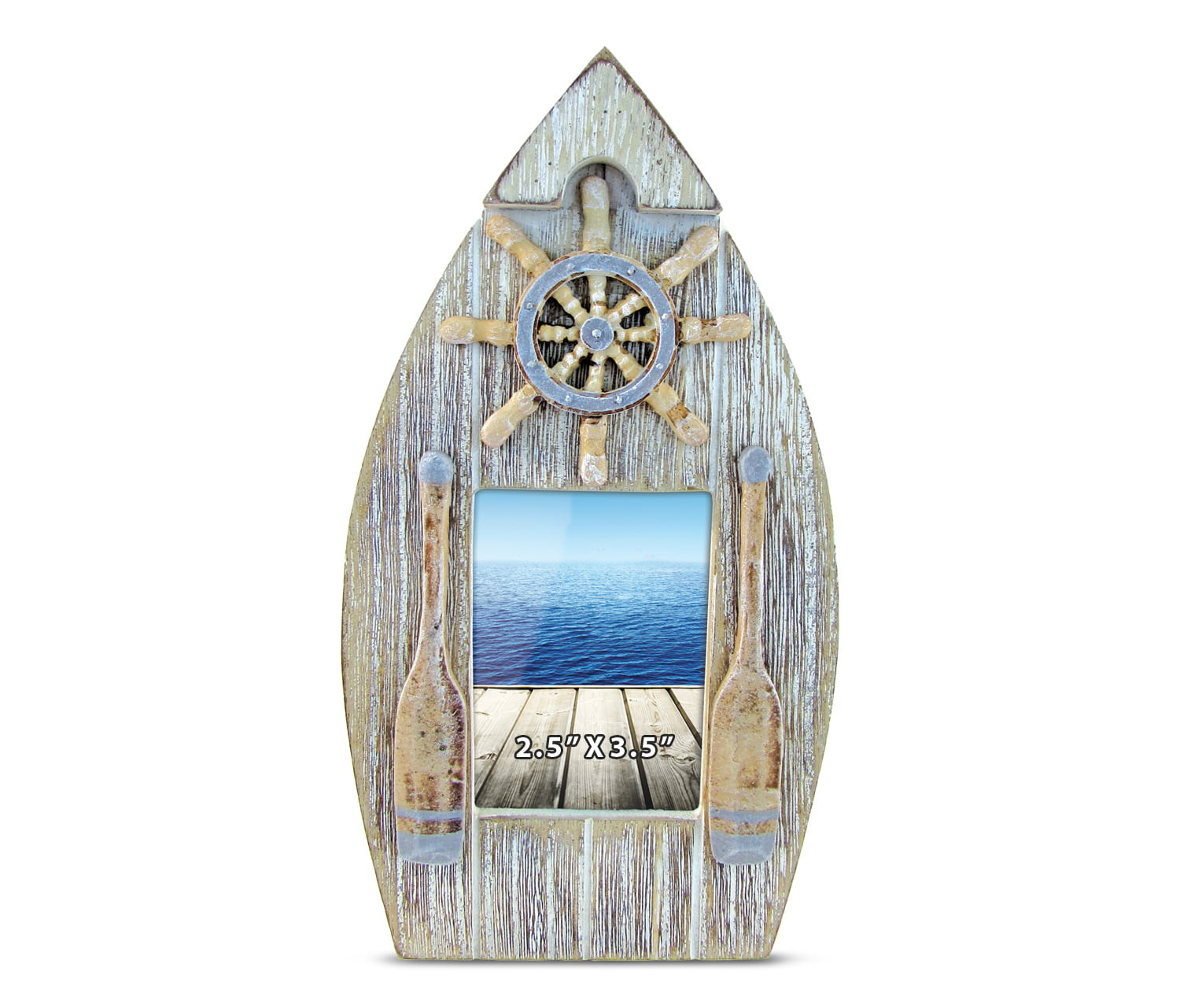 Puzzled Light Blue Stripes Boat Shaped 2.5 x 3.5 Photo Frame Handcrafted Wooden Picture Holder w//Easel Back Sailboat Yacht Cruise Ship Nautical Theme Novelty Frame w//Starfish Fish Net Seashell