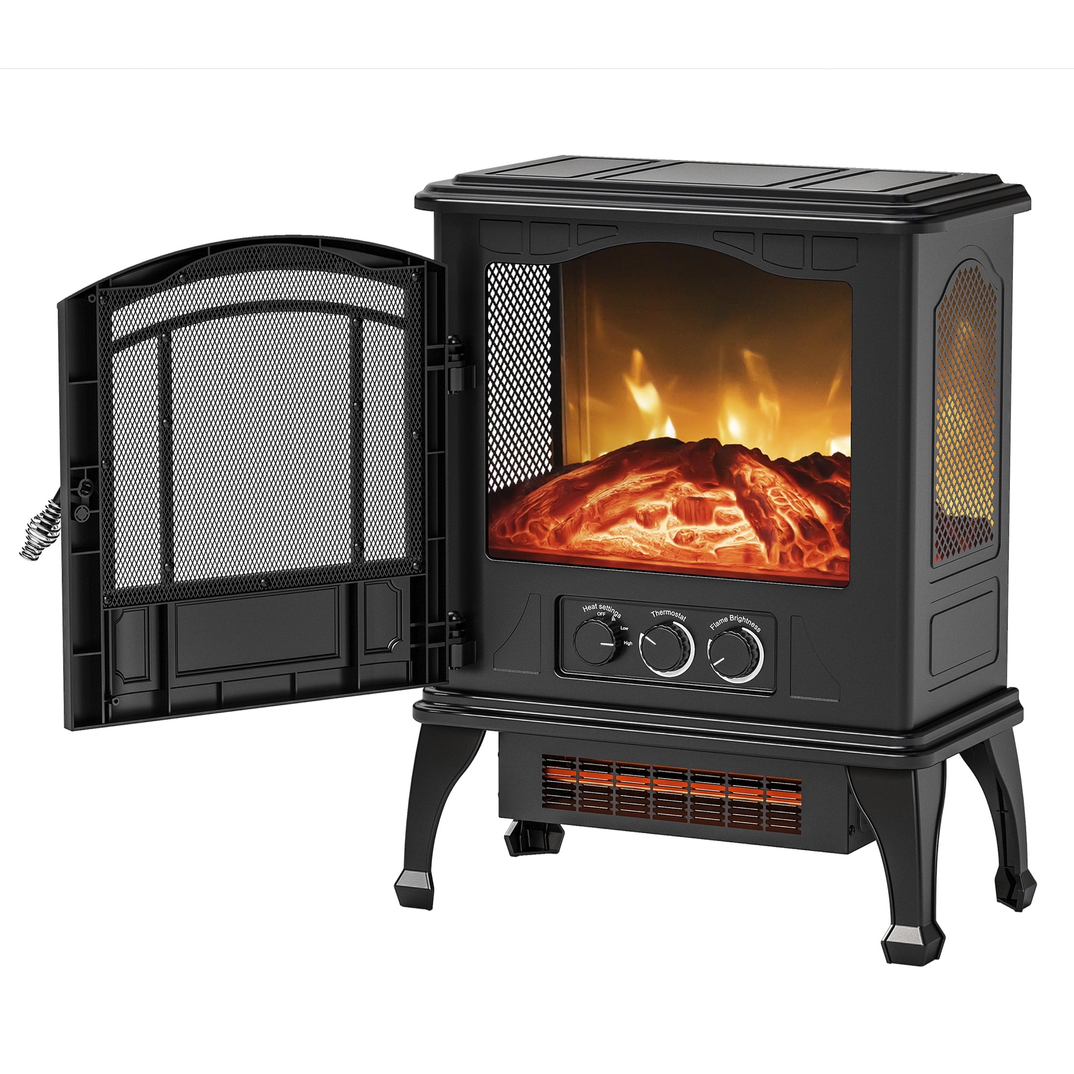 Mainstays 3D Metal Stove with 3 Sided View Black with Tip Over Function