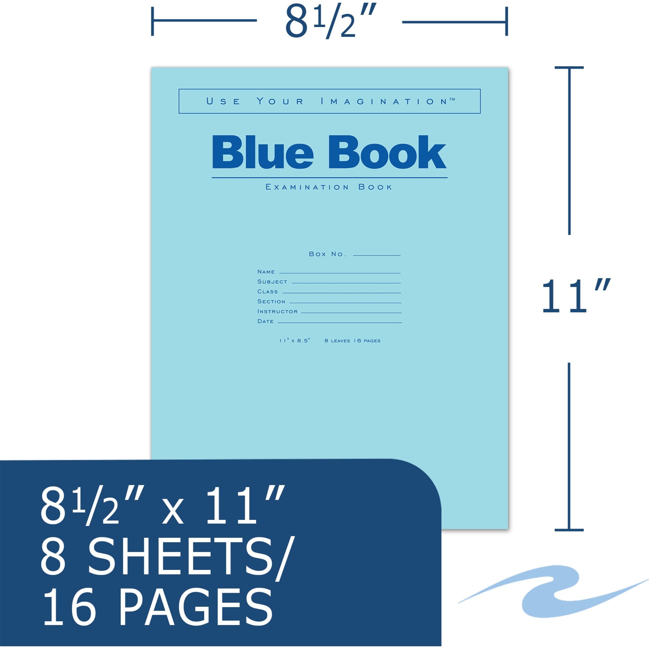 Roaring Spring Test Blue Exam Book, 1 Case (500 Total), Wide Ruled with Margin, 11" x 8.5" 8 Sheets/16 Pages, Blue Cover
