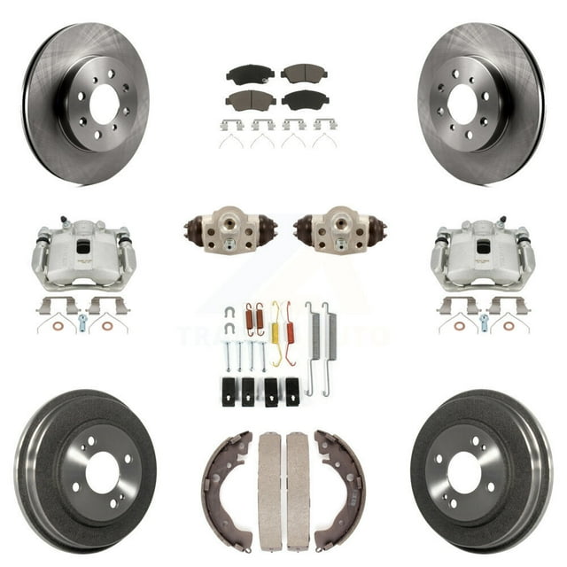 Transit Auto Front Rear Disc Brake Caliper Rotors Drums Ceramic Pads Shoes Wheel Cylinders and Hardware Kit (11Pc) for Car Honda Fit KC8-100912C