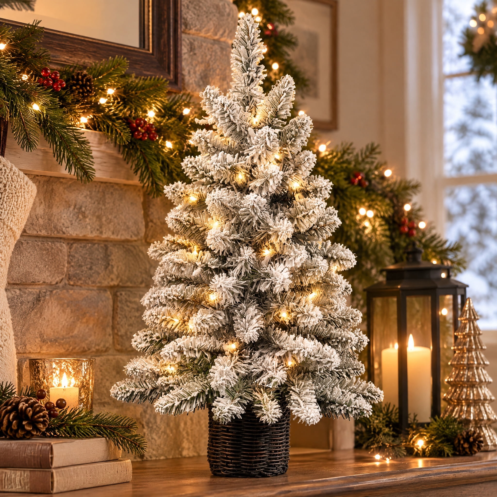 2' Small Pre-Lit Cooper Spruce Snow-Flocked Green Artificial Christmas Tree with 35 Warm White LED Lights in Woven Basket, by Holiday Time