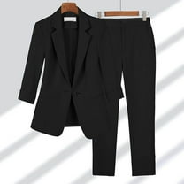 Womens Suits Two Piece Set Business Solid Button Long Sleeve Bussiness Casual Wide Leg Pants Work Suit With Pocket Black XXXL
