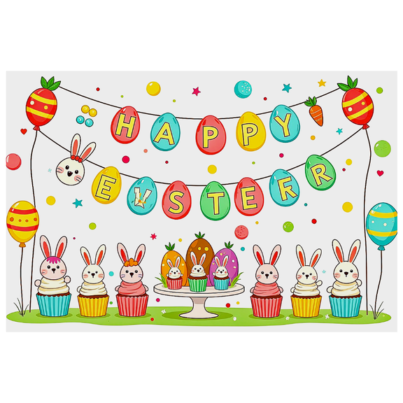 Colorful Easter Themed Banner with Bunny Egg Carrot Elements Party Backdrop Decorations for Easter Party Cupcake Decoration Photography Props Easter Celebration
