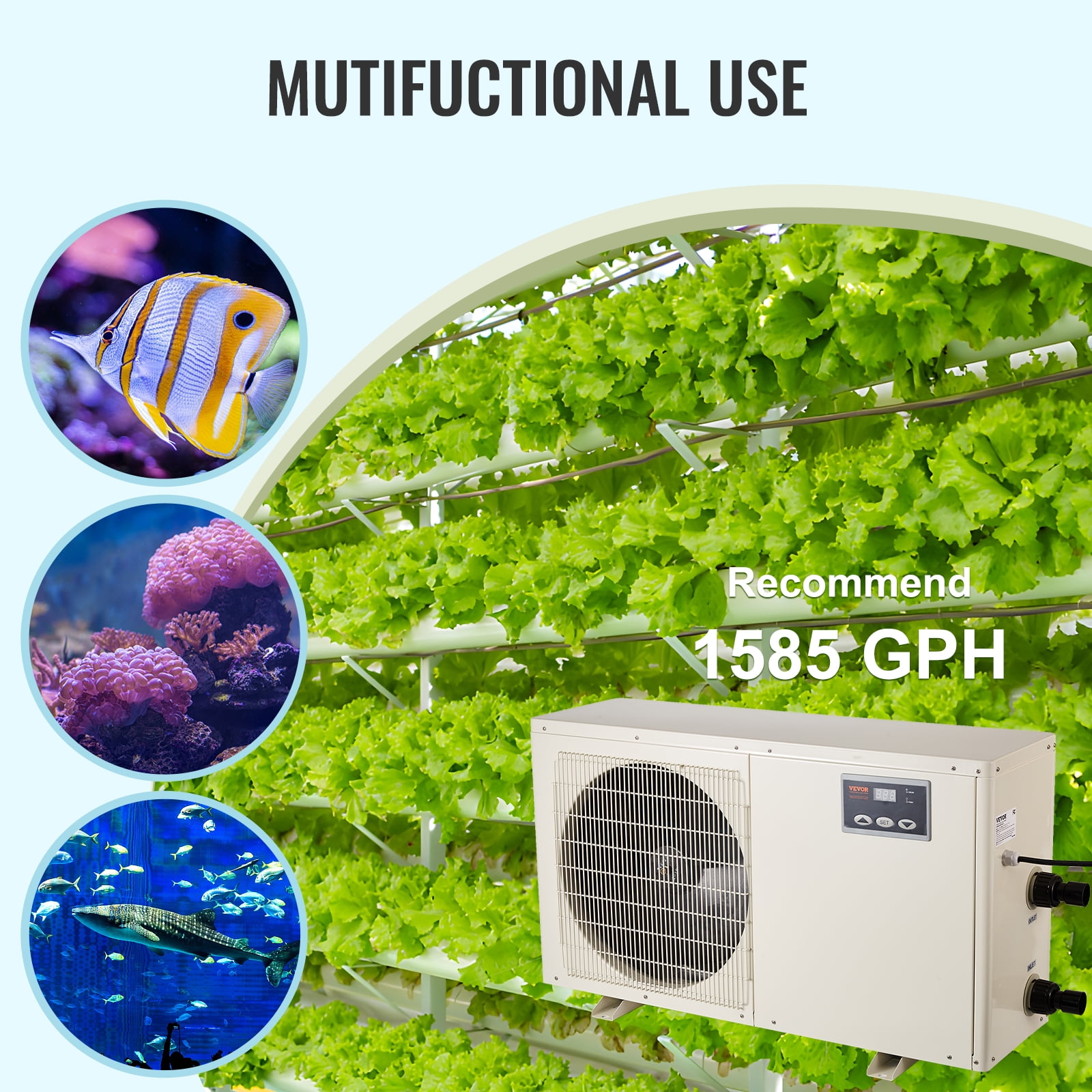VEVOR Aquarium Chiller Hydroponic Water Chiller 1.5 HP 500 Gal Fish Tank Cooler