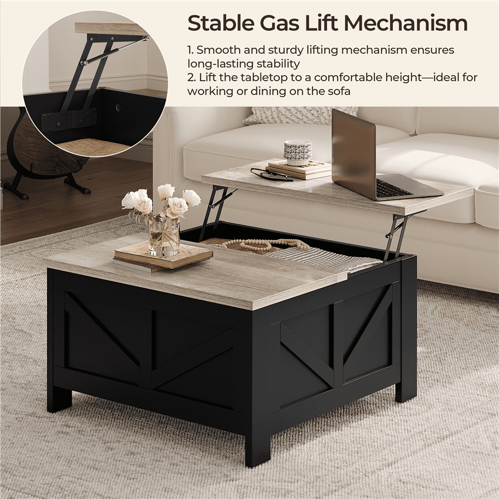 Alden Design Farmhouse Square Lift Top Coffee Table with Hidden Compartments, Black & Gray