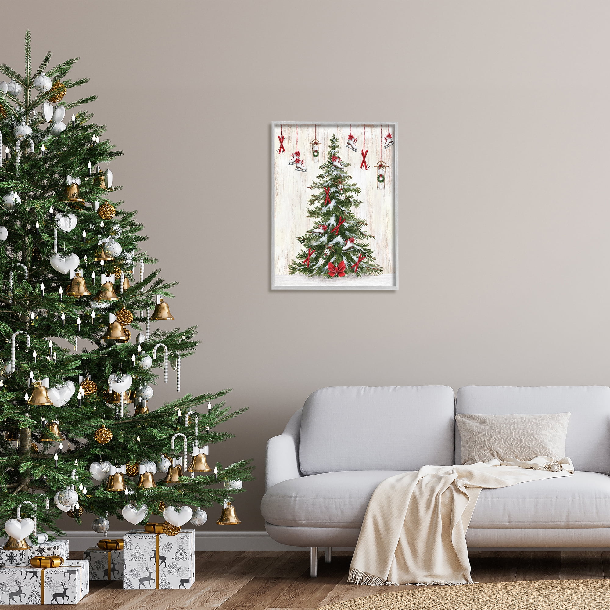 Stupell Industries Ice Skates & Sleds on Tree Holiday Painting Gray Framed Art Print Wall Art, 24 x 30