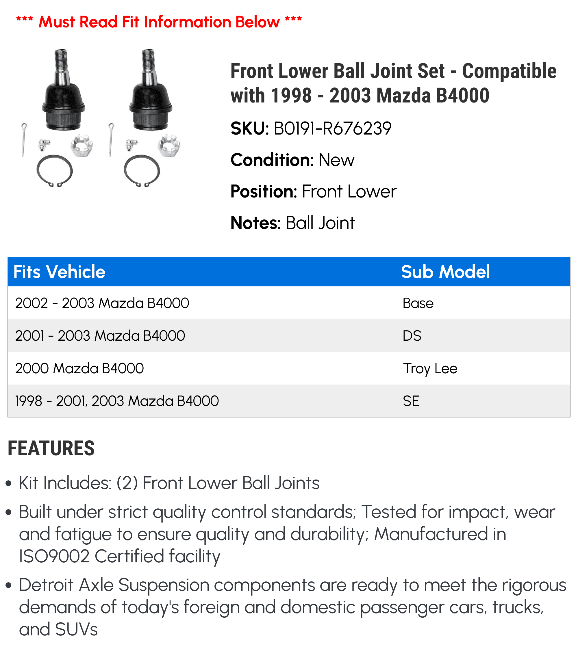 Front Lower Ball Joint Set - Compatible with 1998 - 2003 Mazda B4000 1999 2000 2001 2002