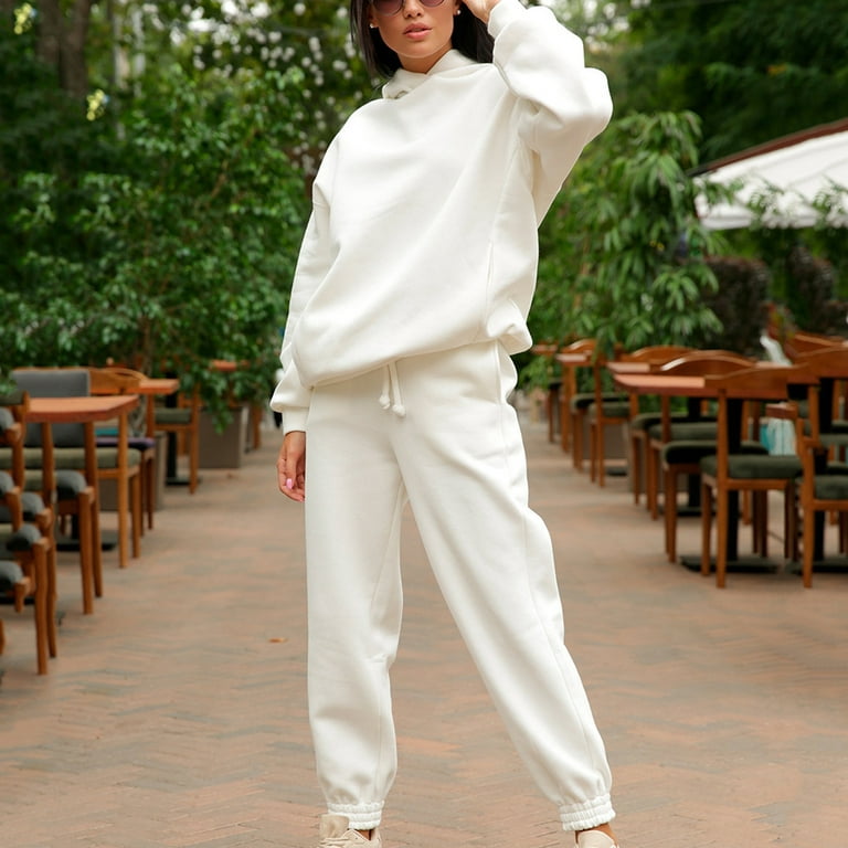 2-Piece Hoodies Set Solid Color Pullover Sweatshirt & Sweatpants Thick  Tracksuit Long Sleeves for Casual Sports Loose Fit Baggy Pants Women's  Clothing XL White 