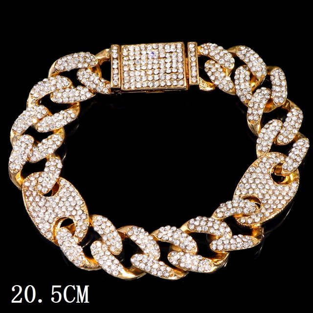 Pulsera de eslabones cubanos de cristal brillante para hombre y mujer, brazalete con diamantes de imitación, Color dorado y plateado, estilo Hip Hop, Miami Fivean unisex
