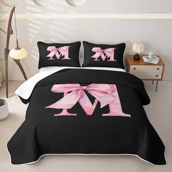 Manfei Watercolor Bow Letter M Twin Quilt Set for Girls, Black Pink Initial Twin Coverlet Set