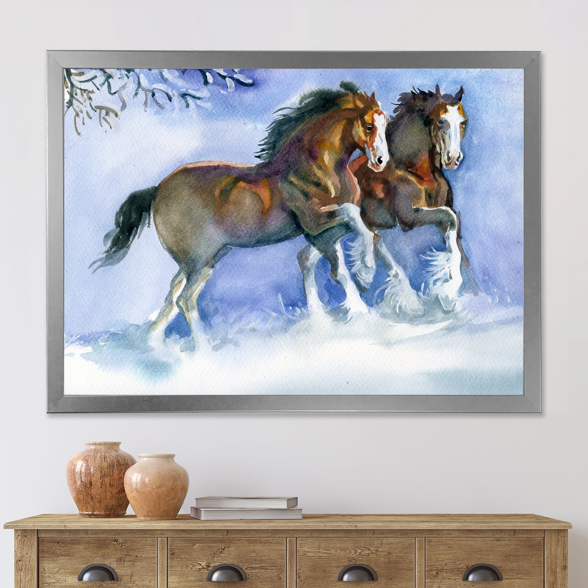 Designart 'Horses Running In Winter On Blue' Farmhouse Framed Art Print