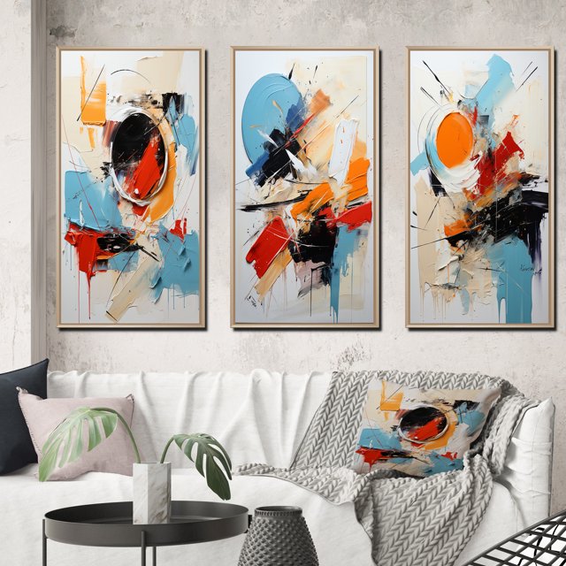 Designart "Fragile Wisdom Abstract in Blue" Abstract Painting Framed Wall Art Set Of 3 - Blue Modern Frame Canvas Set For Living Room Decor