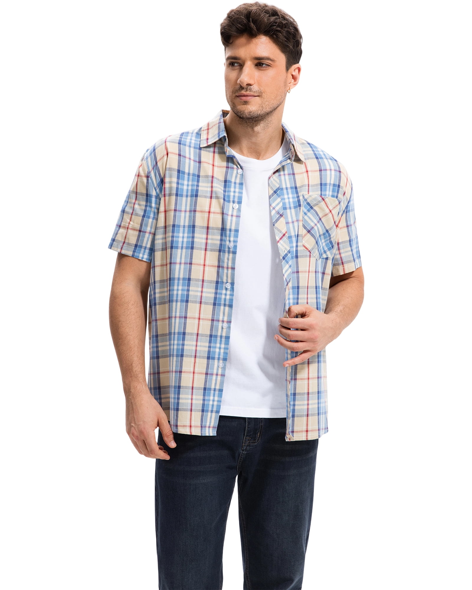 Onimisc Mens Plaid Short Sleeve Button Down Shirts 100% Cotton Regular Fit Casual Gingham Shirts