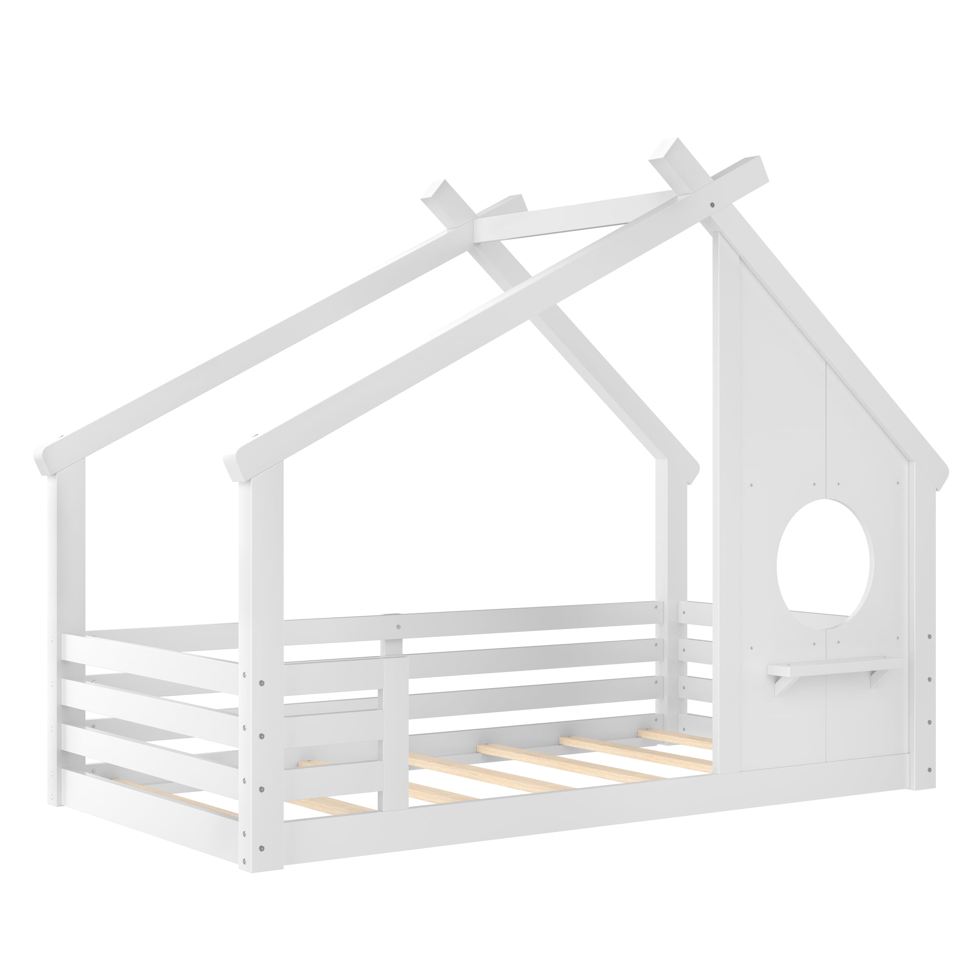 Jopath Twin Size House Floor Bed with Window and a Small Shelf, Solid Wood Floor Bed with House-shaped Roof for Boys Girls White
