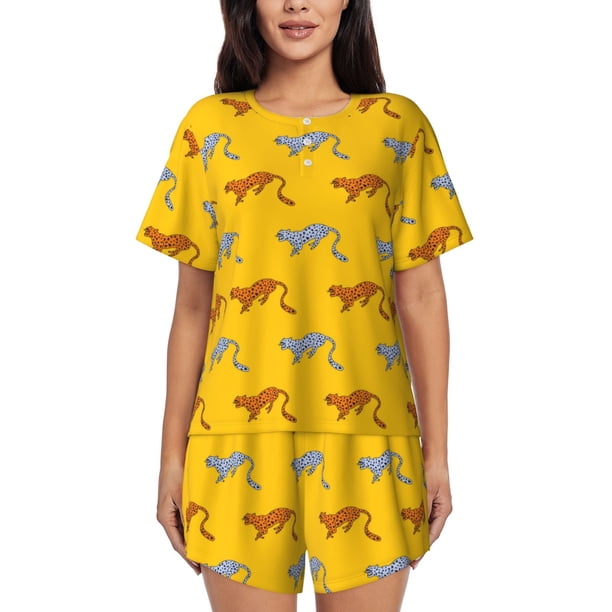 Balery Leopard Print Conjunto de Pijama para Mujer con Estampado, Dos Piezas de Manga Corta y Shorts, Ropa de Dormir Suave con Cuello Redondo y Bolsillos-Large