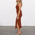 thumbnail image 4 of Vestidos de playa para mujer Vestido ajustado largo con cuello redondo fruncido con abertura (Marrón S) FLhrweasw Para estrenar, 4 of 7