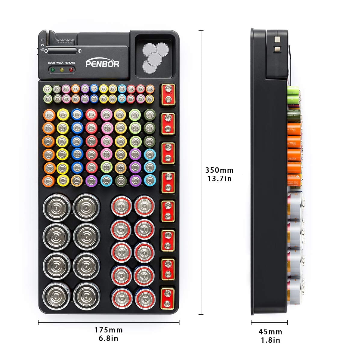 HRTGFD-Battery Organizer Storage Case with No Lid Snap, Portable Battery Tester, Just The Right Size Slot with Wall-Mounted Design,Holds 110 Batteries Various Sizes for AAA, AA, 9V, C, D and Butt