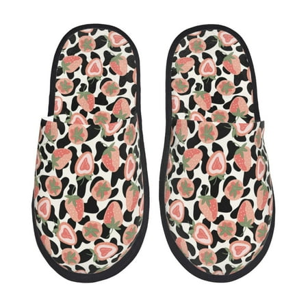 Balery Strawberries And Cow Skin Slient Indoor Furry Fleece Comfort House Shoes Soft Non-Slip Home Shoes Cotton slippers House Slippers-- Medium