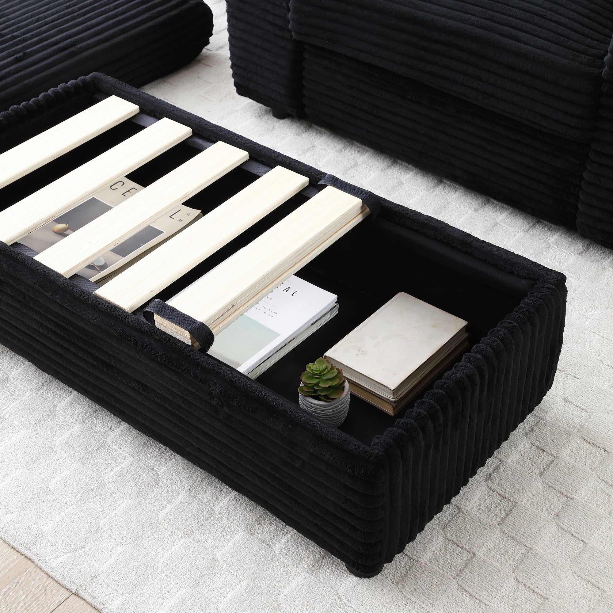 Aukfa 43 inch Corduroy Chaise w/ 2 Cupholders&Storage Ottoman, Plush Chair Bed, 3 Pillows, Black
