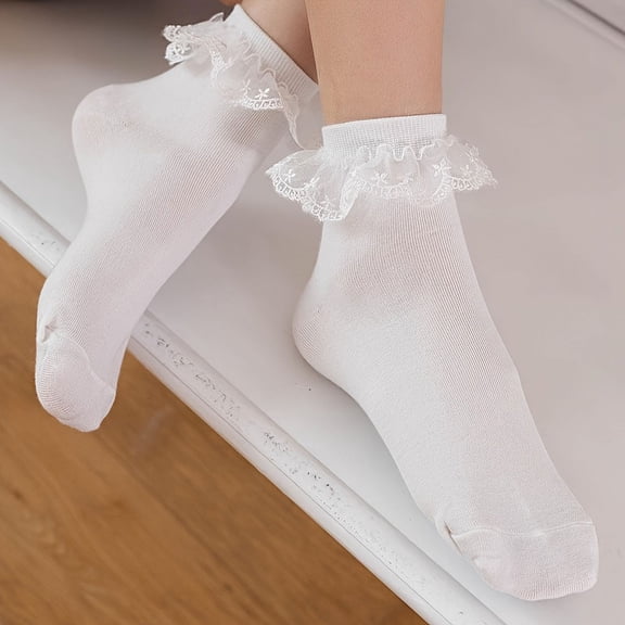 Women Lace Trim Ankle Socks, Ruffled Lace Cuff Lightweight Short Socks
