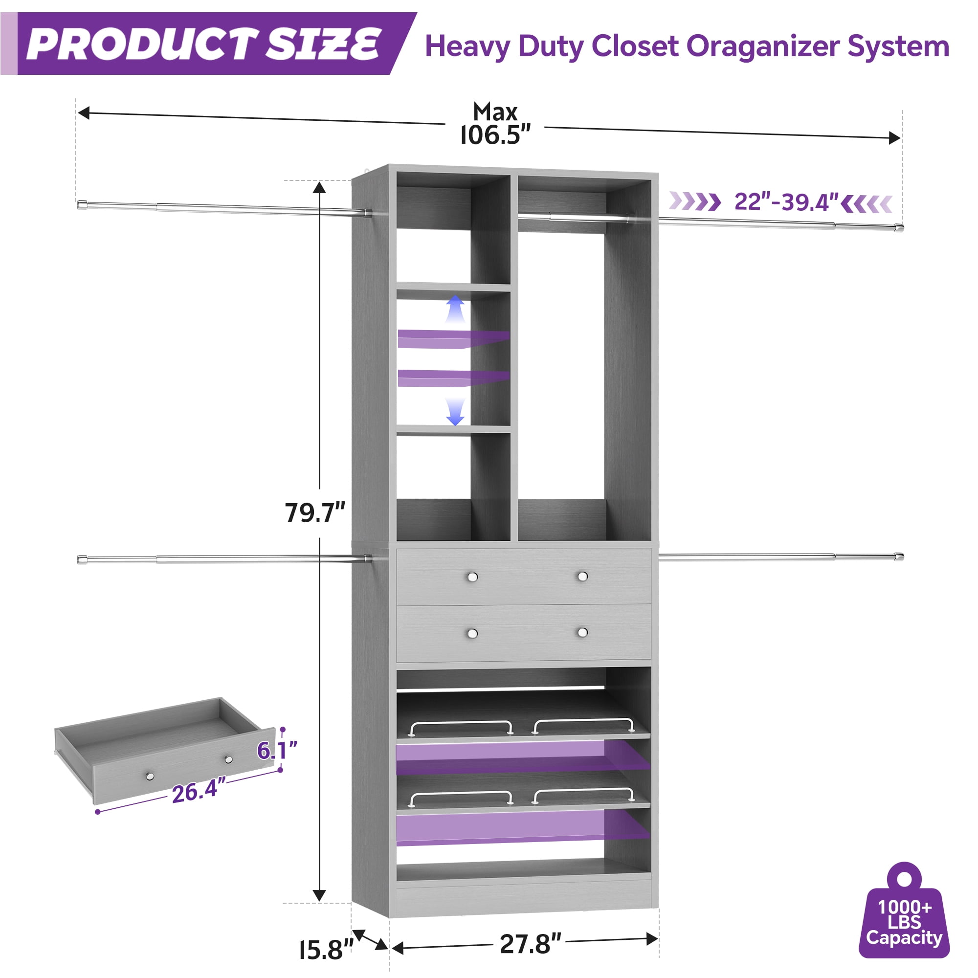 Homieasy Closet System, 2.4–8.8 FT Closet Organizer System with 2 Drawers, 5 Hanging Rods and Shoe Racks for Walk-in Closet, Bedroom, Gray