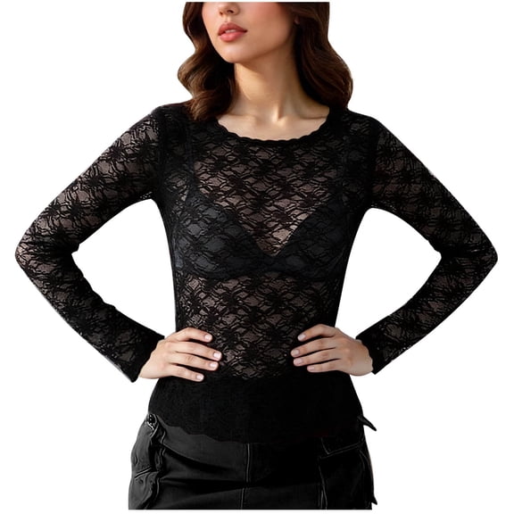 Mesh Tops for Women Floral Lace Long Sleeve Shirts Crewneck Slim Fitted Outfits See Through Blouses for Ladies