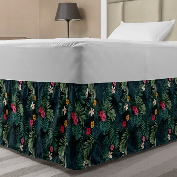 Tropical Bed Skirt, Realistic Rainforest Flora Hibiscus Flowers Monstera Leaves Untouched Paradise, Elastic Bedskirt Dust Ruffle Wrap Around for Bedding Decor, 4 Sizes, Multicolor, by Ambesonne