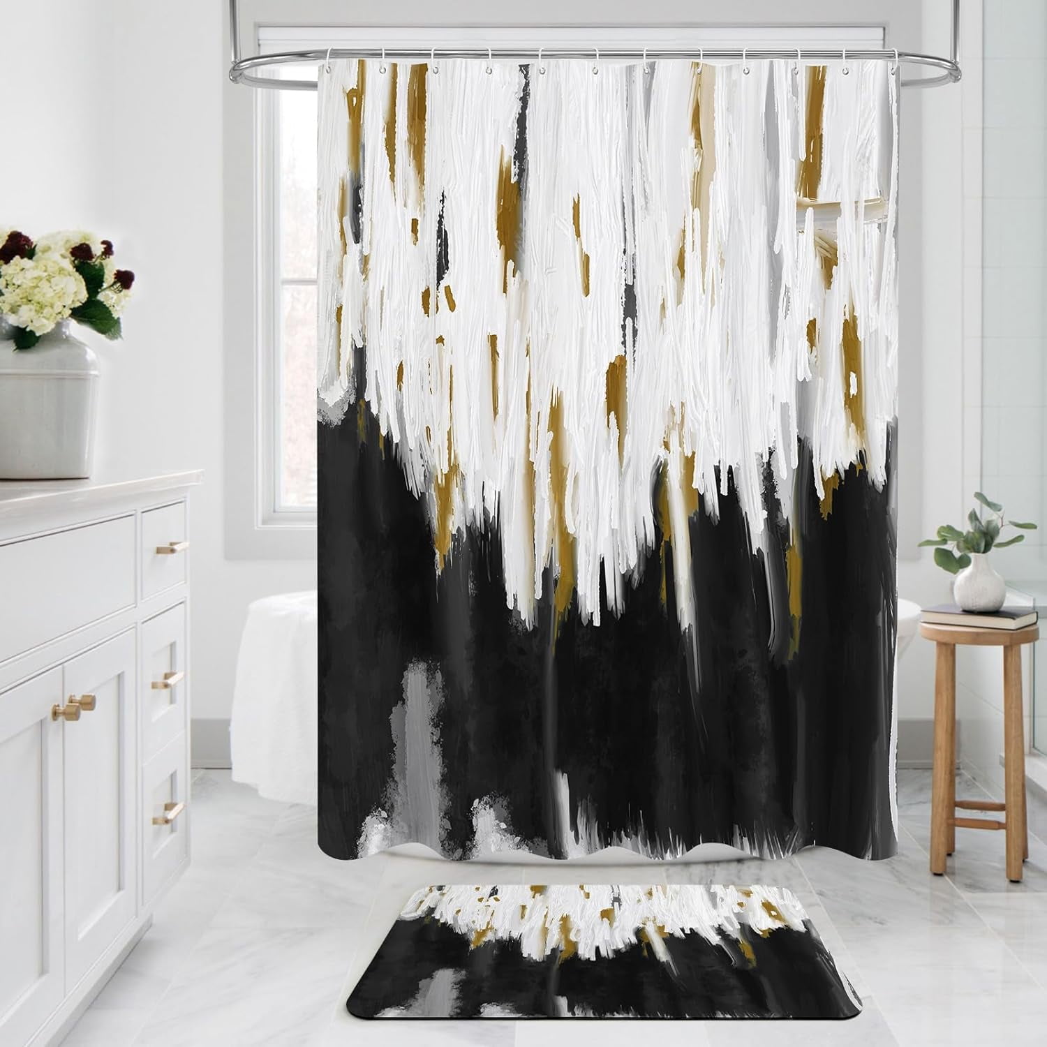 Zrodlmo Abstract Black Ombre Fabric Shower Curtain and Rug Sets, 16pc Modern Bathroom Curtain Sets, 72" x 72", Black