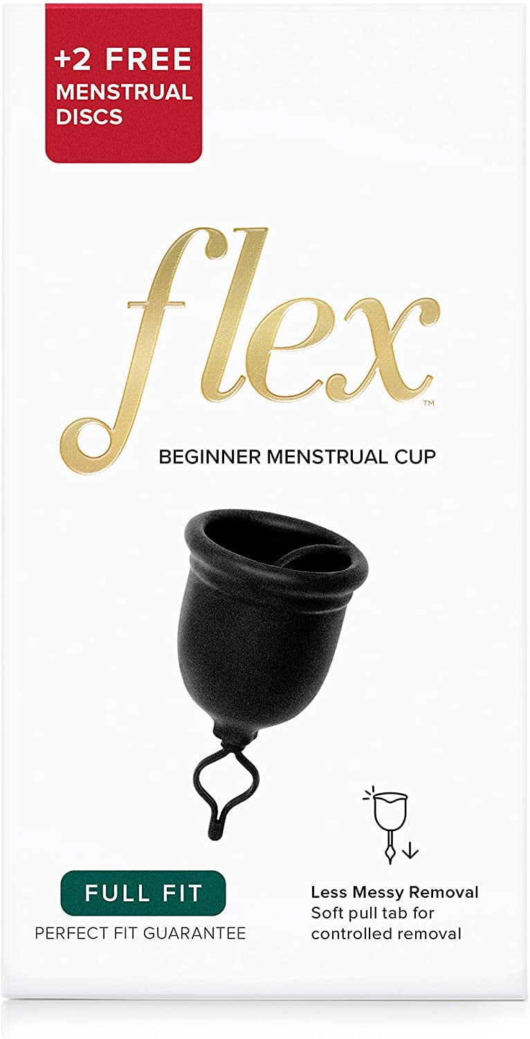 FLEX Menstrual Cup + 2 Free Menstrual Discs (Full Fit) - Reusable Period  Cup & Disposable Menstrual Disc Starter Kit - Easy Removal Ring - Large Size